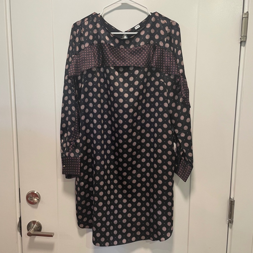 Banana Republic Silk‎ Medallion Print Shift Dress Navy Blue Red Long Sleeve 8